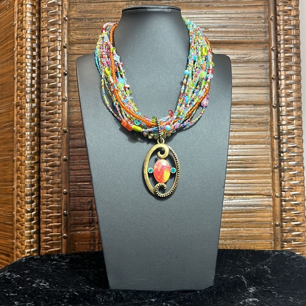 Chicos Bohemian Colorful Multistrand Seed Bead Ornate Antiqued Pendant Necklace